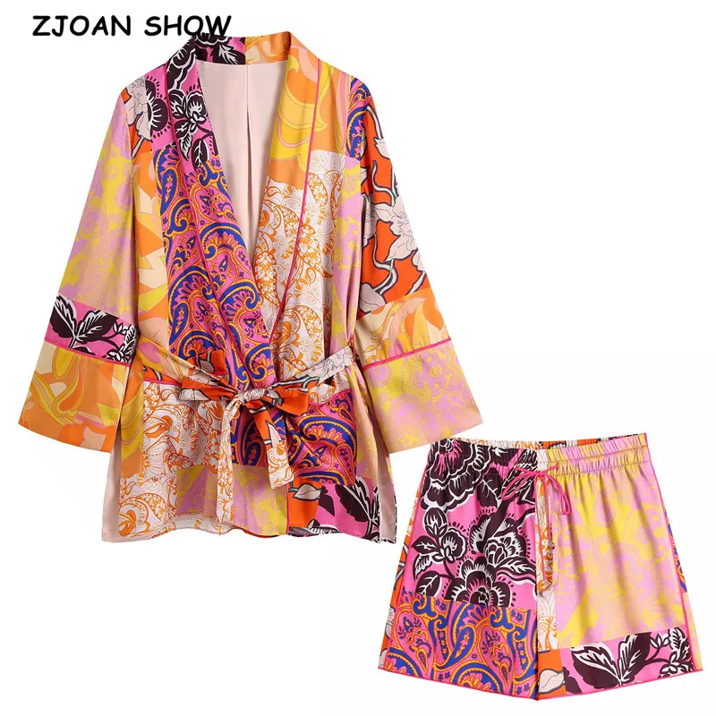 

2021 Bohemia Tie Bow Sashes Floral Print Kimono Cardigan Elastic Straight Shorts Women Loose Long Sleeve Shirt 2 Pieces Set