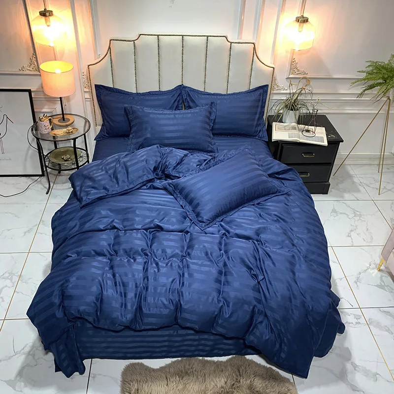 

Luxury satin bedding set grey white stripe bed sheet duvet quilt cover pillowcase twin full king emulation silk solid bedding
