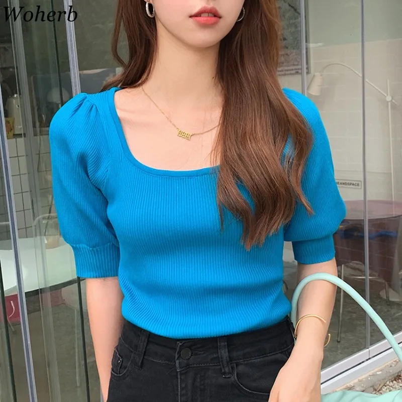 

2021 летние корейские футболки с квадратным вырезом и пышными рукавами тонкие Топы 20201 модные милые рубашки Woherb шикарная трикотажная женская ...