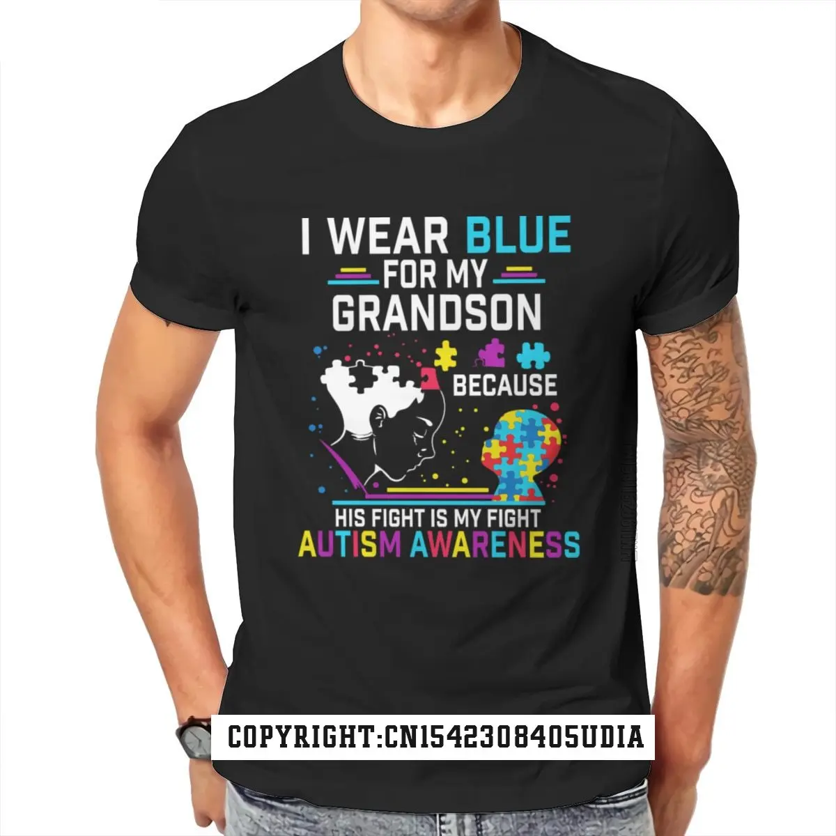 I Wear Blue For My Grandson Autism Awareness Unisex T-Shirt Black Kawaii Vintage Men's Tshirts Latest Tops & Tees Unique