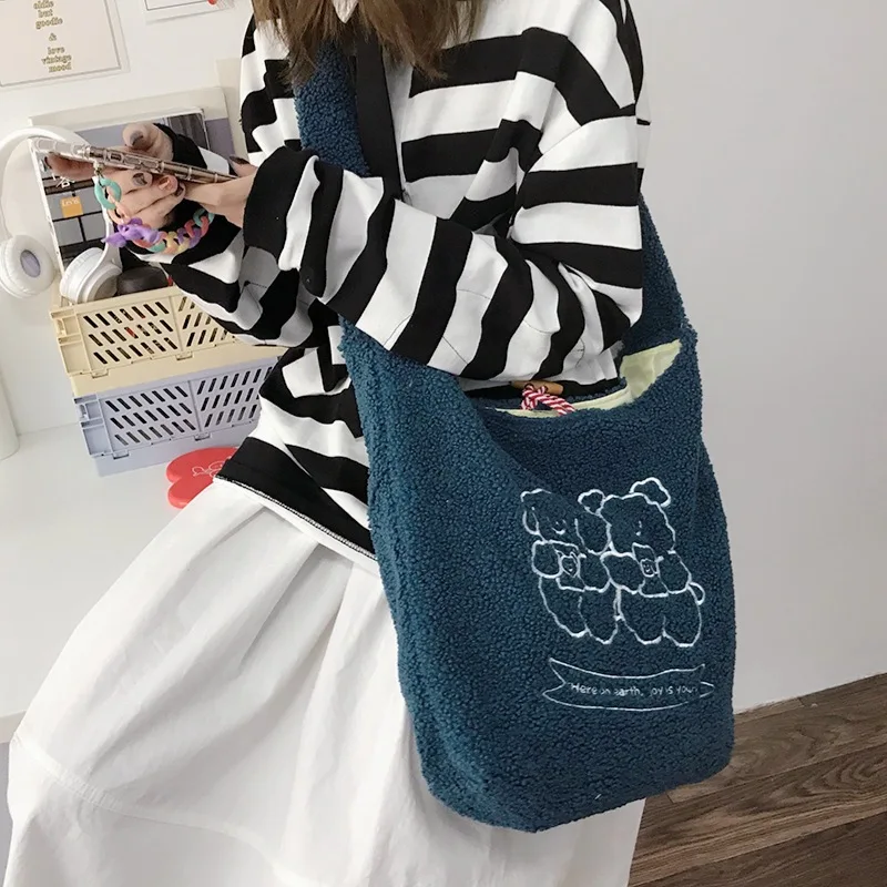 

Women Plush Handbags Cute Tote Bag Large Female Shoulder Bags Bolsas Femininas Femme Sac A Main Brown Black Red