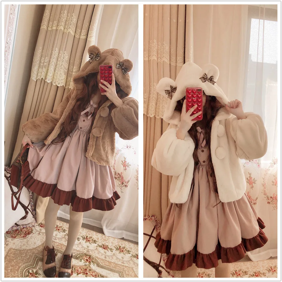 

Милые зимние куртки в стиле "Лолита" Милое детское зимнее пальто с медвежьими ушками и бантом, с буфами на рукавах в викторианском стиле паль...