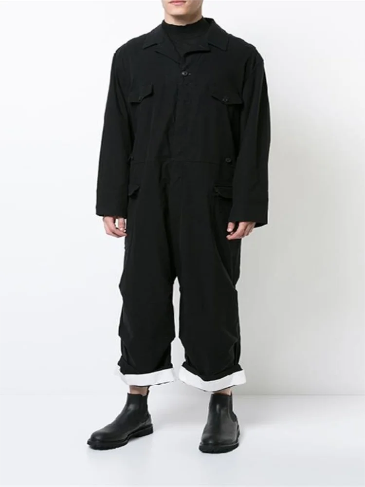 Fall/winter new men's casual jumpsuit solid color fashion thickened wool jumpsuit white rolled-up bottoms cargo pants