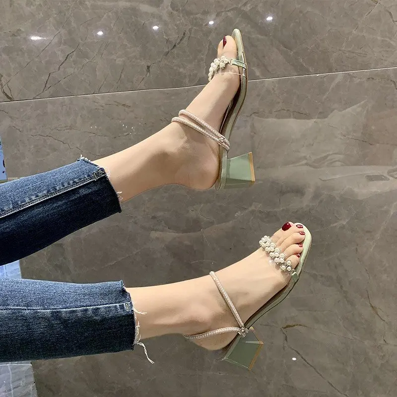 

Slippers Casual Women's Shoes With Platform String Bead Pantofle Transparent Heel Slides Heeled Mules Black Sandals Square heel