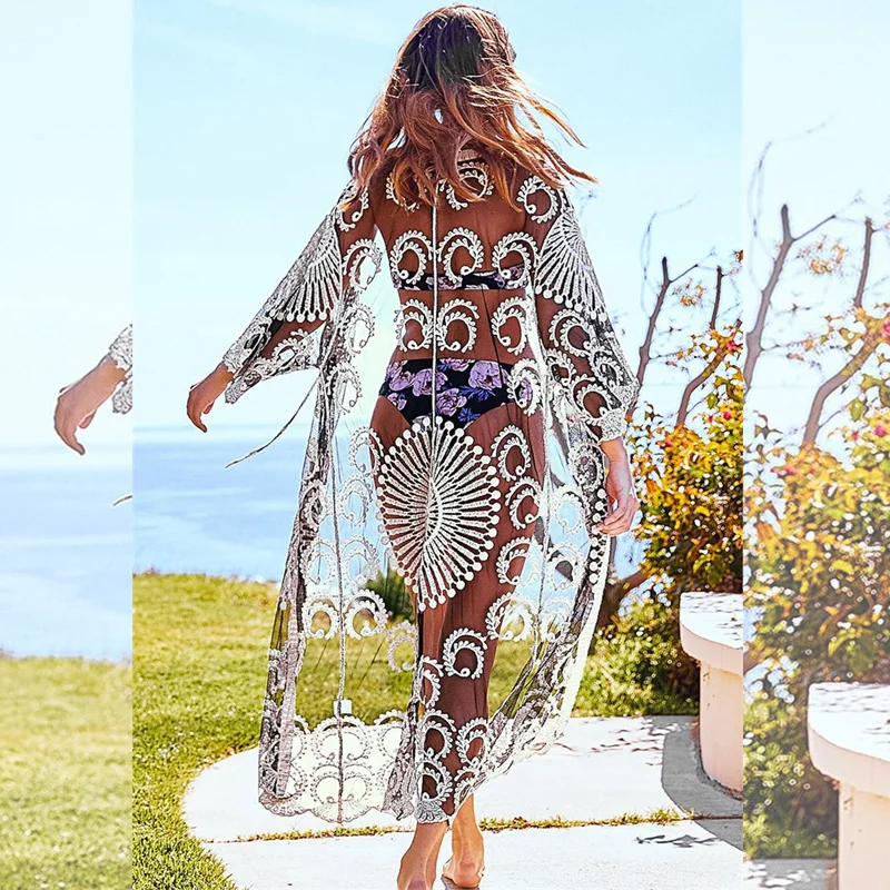Новая кружевная накидка туники для пляжа длинное платье женский купальник