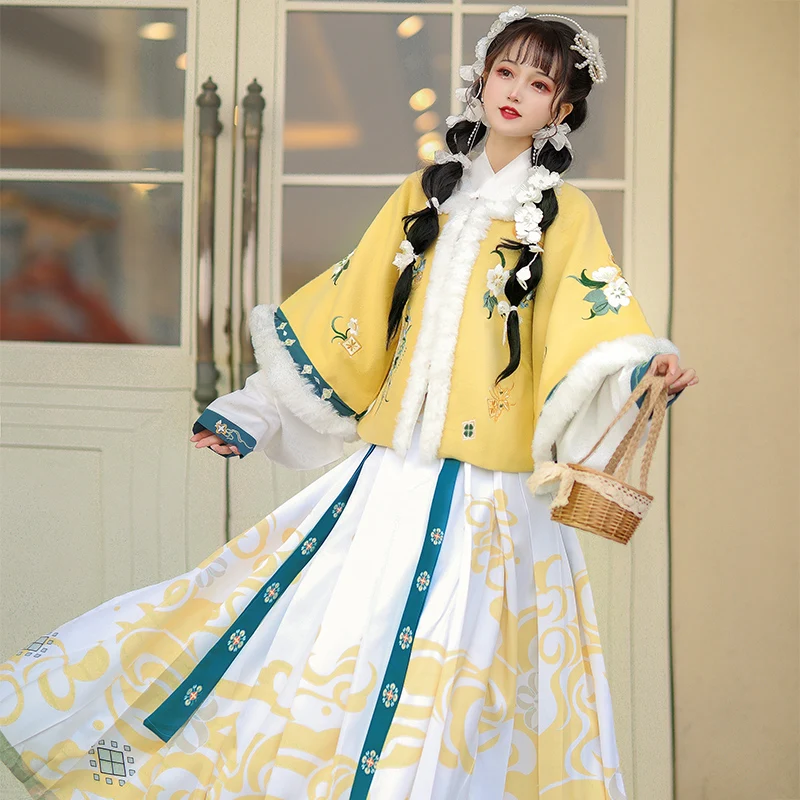 

2022 New Winter Hanfu Costumes Chinese Traditional Female Daily Warm Clothes Ming Dynasty Ancient Yellow/Blue Hanfu Suit DQL6599