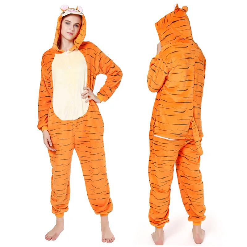 2019 Winter Women Kigurumi Onesie Tiger Pajamas Sets Cute Flannel Animal Pajama Nightie Warm Hooded Sleepwear Costume