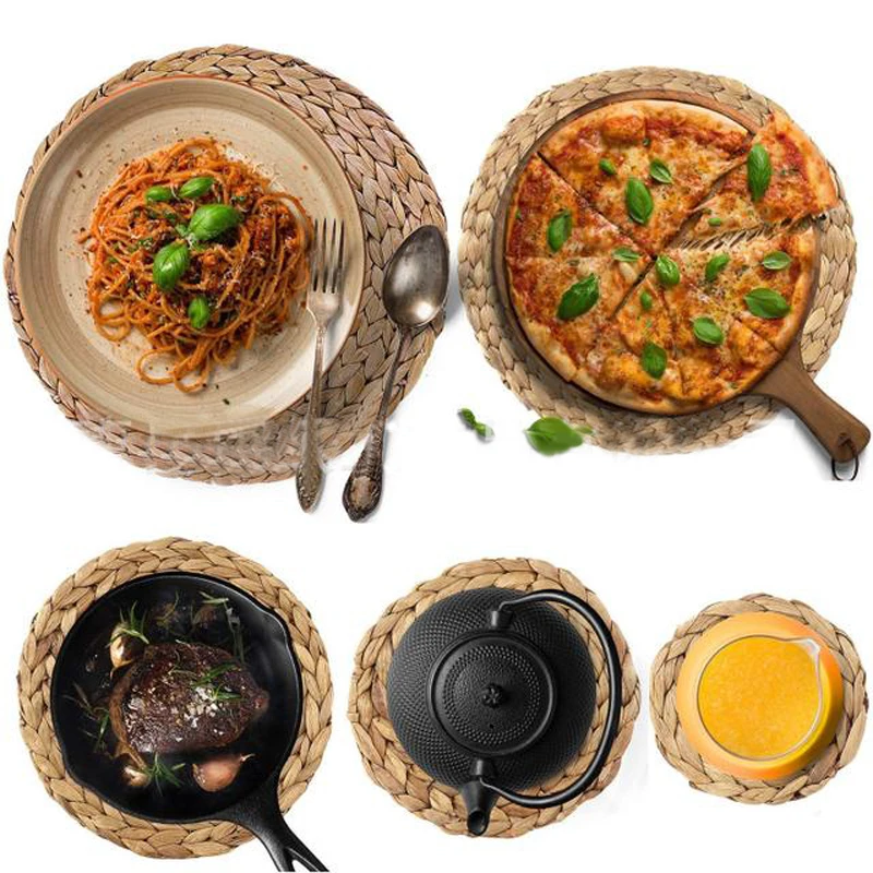

Natural Table Mat for Dining Table Handmade Woven Round Placemat Braided Mat Heat Resistant Hot Insulation Non-stick Mat