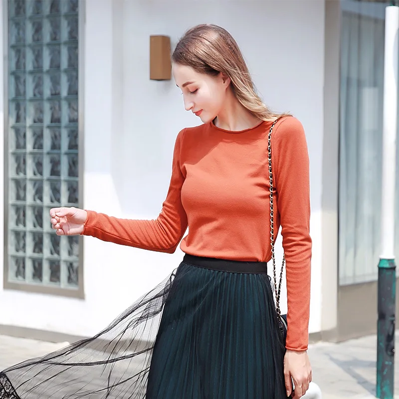 Женский свитер с круглым вырезом Облегающий мягкий Однотонный в Корейском стиле