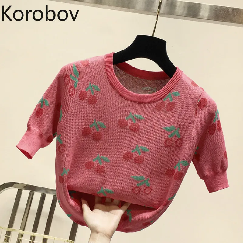 Korobov/Новинка, пуловер с короткими рукавами и круглым вырезом с вышивкой вишни, корейский вязаный кроп-свитер с милым узором, шикарный Sueter Mujer 78847