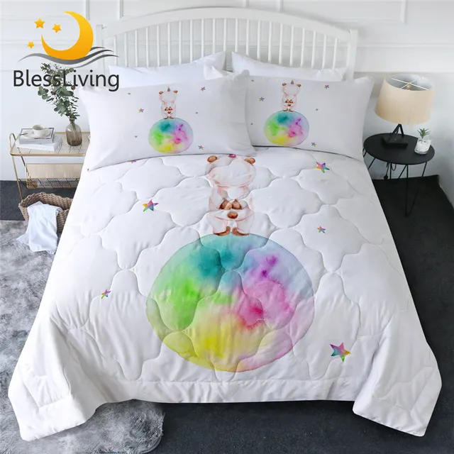 BlessLiving Unicorn Bear Quilt Set 3D Printed Planet Summer Bedspread Watercolor Thin Duvet Cute Colorful Comforter Dropship 1
