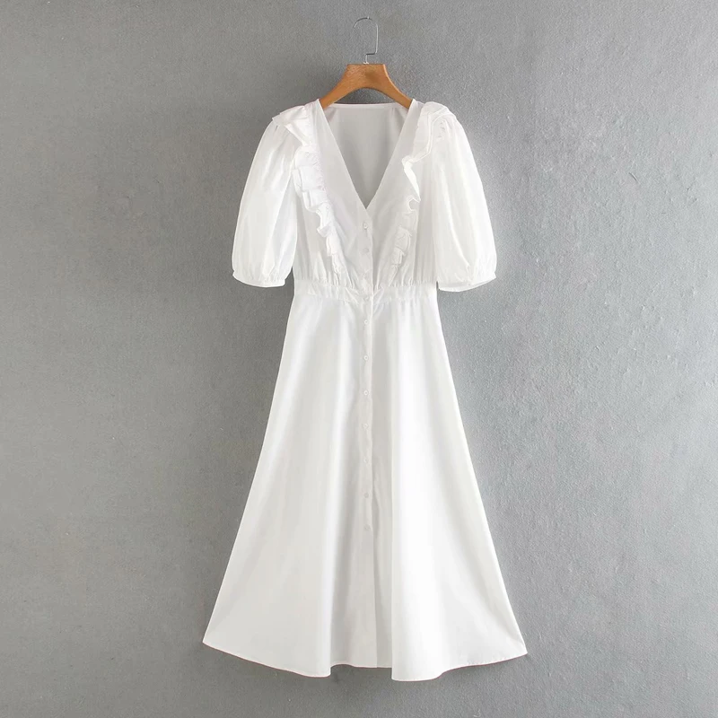 Женское платье миди на пуговицах однотонное белое трапеция с V образным вырезом