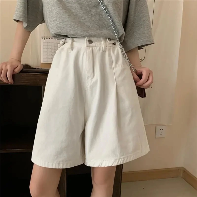 

Casual High Waist Short Jeans Vintage Five Point Pants Adjustable Wide Leg Women's Denim Shorts Streetwear Summer Plus Size New