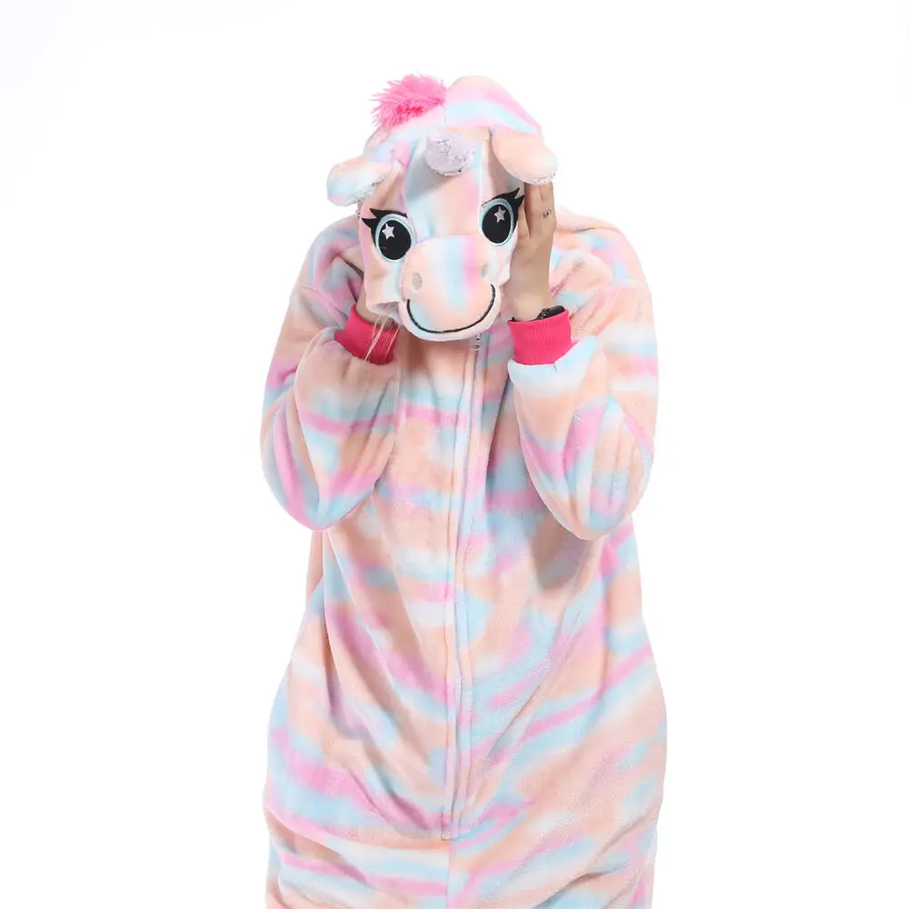 

2021 New Colorful Unicorn Pajama Costume Jumpsuit Hooded Kids Onesie Children Kigurumi Women Sleepwear Nightwear