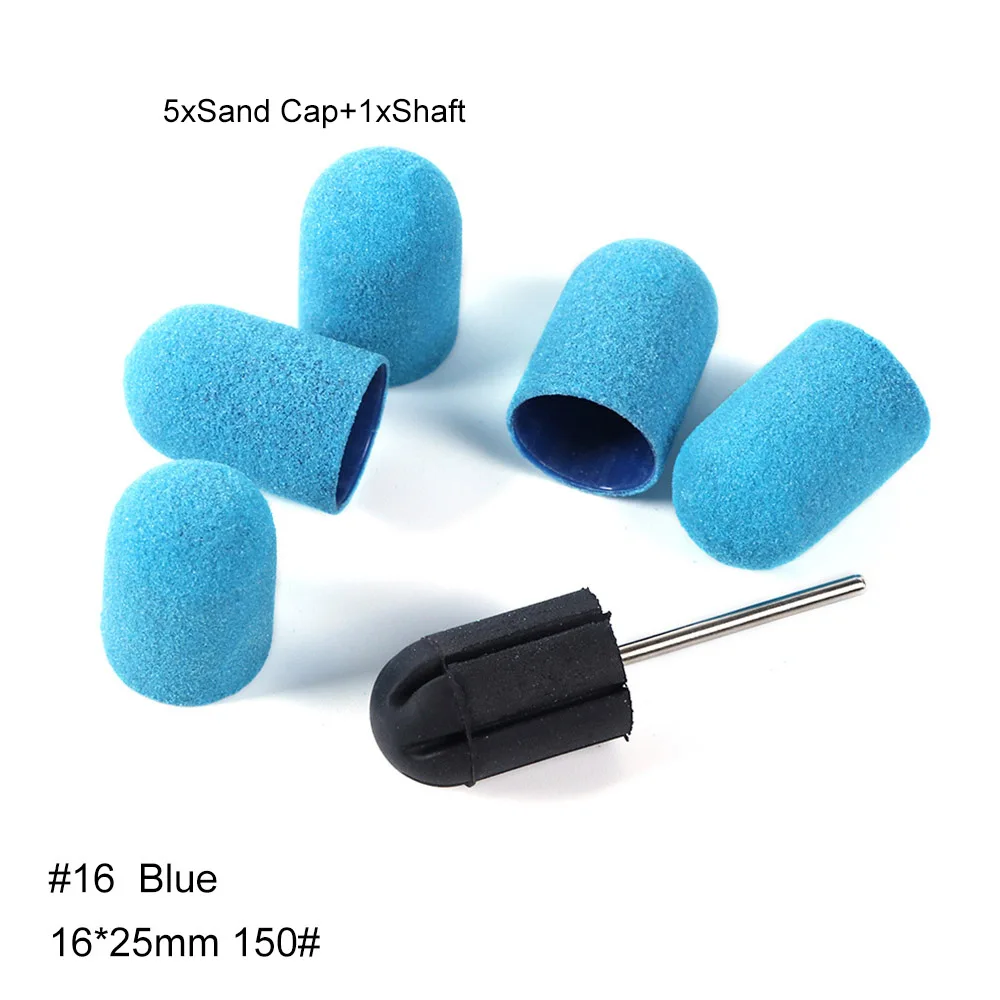 Blue 16 6 шт. шлифовальный колпачок+ вал для ногтей набор сверл 150# шлифовальные ленты для маникюра сменный шлифовальный инструмент для чистки ногтей LA721 - Цвет: Blue 16