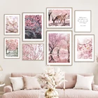 Настенная Картина на холсте с изображением оленя сакуры, озера, воды, дерева, скандинавские постеры и принты для украшения гостиной