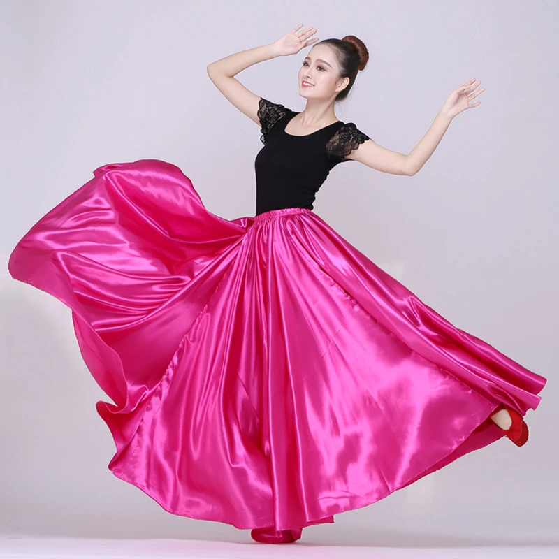 Rose red Взрослая женщина танцор Производительность Танец живота юбка сплошной цвет блестящие большие качели цыганское женское платье для испанского фламенко - Цвет: Rose red