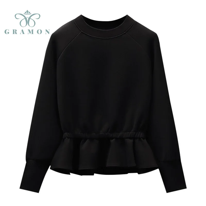 

Women Hoodies Sweatshirts Fall Winter Thickening Warm Long Sleeve O Neck Black Tops Plus Size Chic Ruffles Hoodies Mujer Clothes