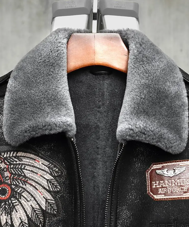 

Men Genuine Leather Jackets Mens Shearling Coat Indian Totem Men Aviator Jacket Pilot Jacket Mens Fur Coat B3 Sheepskin Outwear