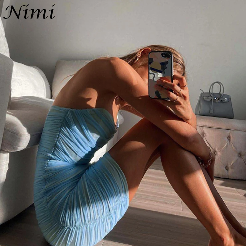 

Blue Slip Sexy Dress Summer 2021 Fashion Women Backless Off Shoulder Dresses One-shoulder Slim High Waist Wrapped Chest Halter