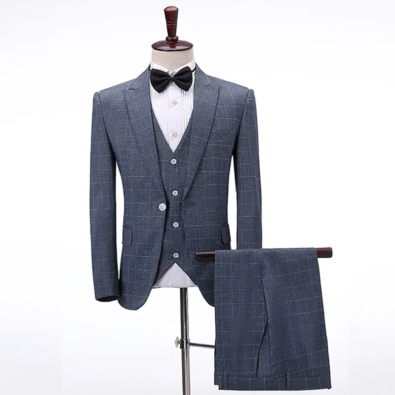 Casual Men's Plaid Suits Slim Fit 3 Piece Notch Lapel Prom Tuxedos Groomsmen for Wedding (Blazer+Vest+Pants)