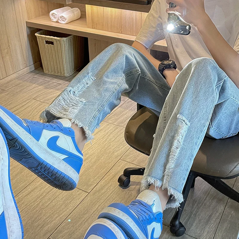 Summer Ripped Wide-leg Jeans Men's Fashion Casual Blue Jeans Men Streetwear Loose Hip-hop Hole Straight Denim Trousers Mens