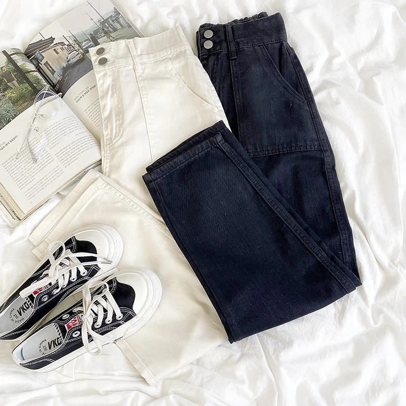 

Elastic High Waist Slant Pocket Wide Leg Ankle Jeans White / Black