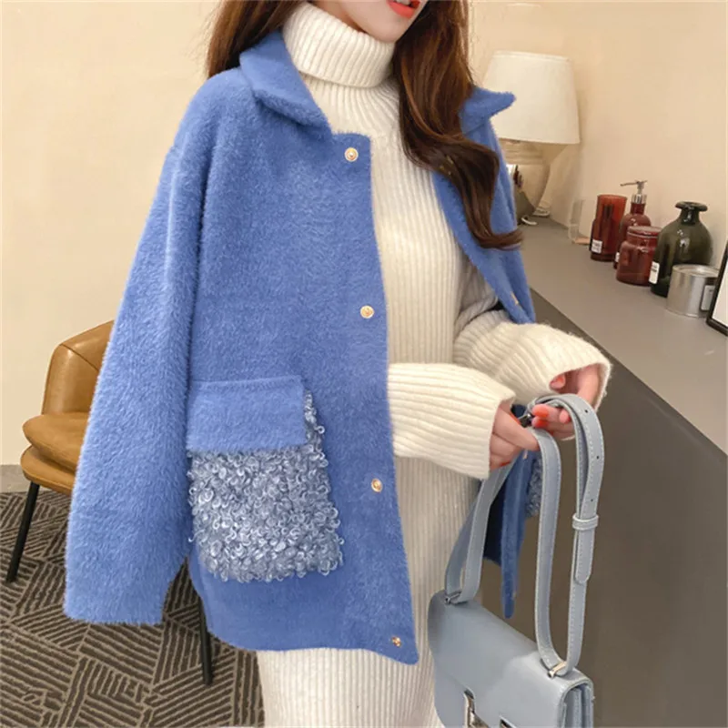 

Autumn And Winter New Korean Version Of Imitation Mink Velvet Women's Loose All Match Sweater Coat Women's Knitted Cardigan C136