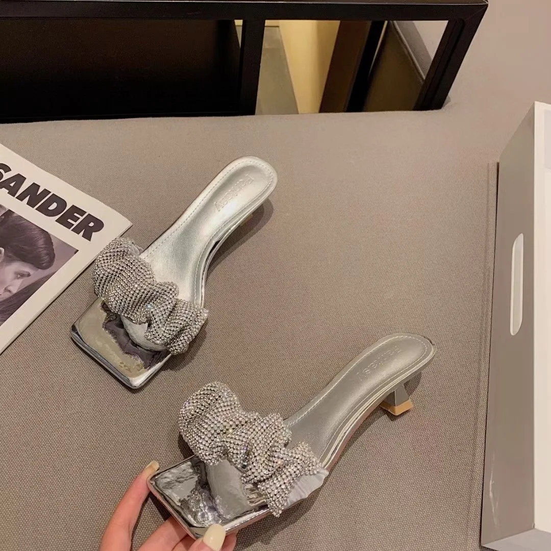 

Fashion Women Slippers Rhinestone Slides Pumps Casual Flats Heeled Silver/Black/Blue Ladies Beach Shoes Woman Elegant Flip Flops