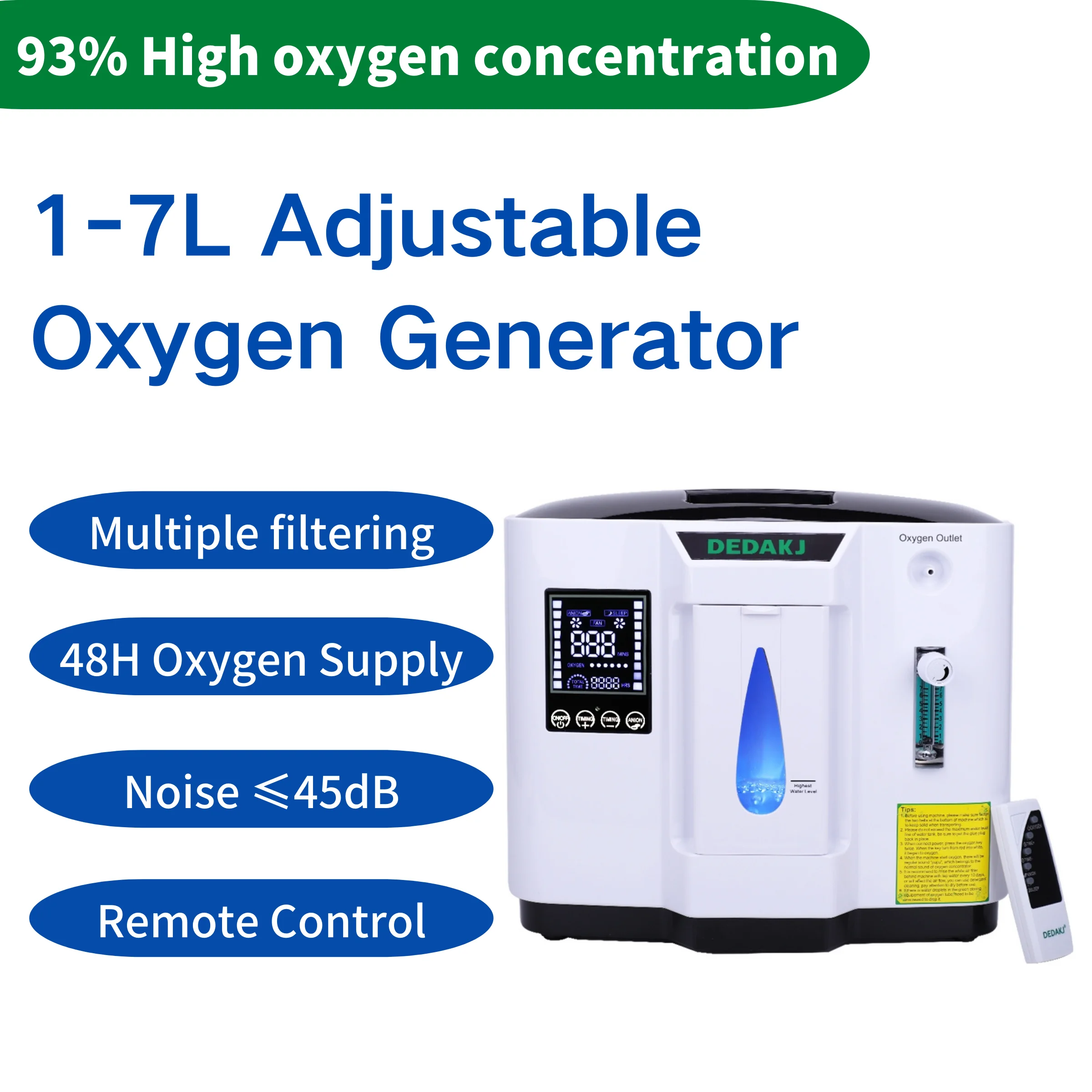 

110V/220V DEDAKJ DE-1A 1L-7L Portable Oxygene Concentrator Machine Manual Adjusted High Concentration Home Care Oxygen Generator