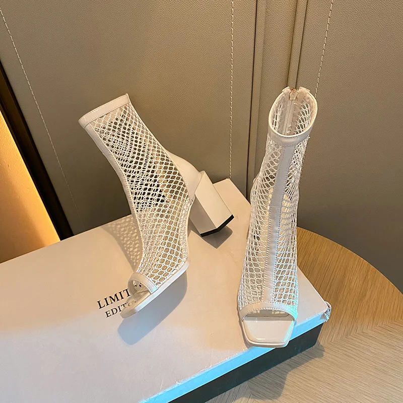 

Air Mesh Women Shoes Summer Ankle Chunky High Heels Sexy Sandal Boots Female Open Toe Genuine Leather Footwears Size 34-42 P16B