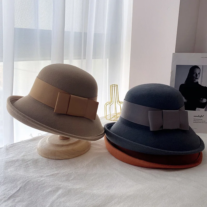 

202110-2508689 japan style autumn winter wool grace Flip brim bowknot Webbing lady bucket cap women leisure hat