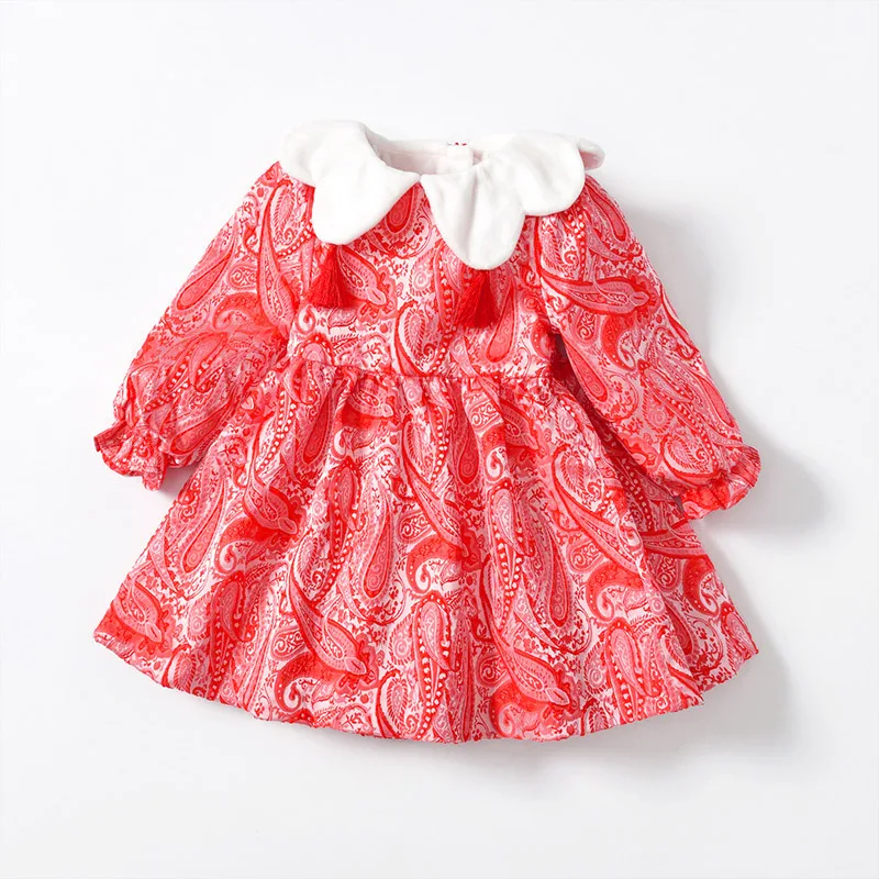 

Girls winter clothes new baby dress retro tassels Chinese red New Year festive round neck long sleeve princess dress