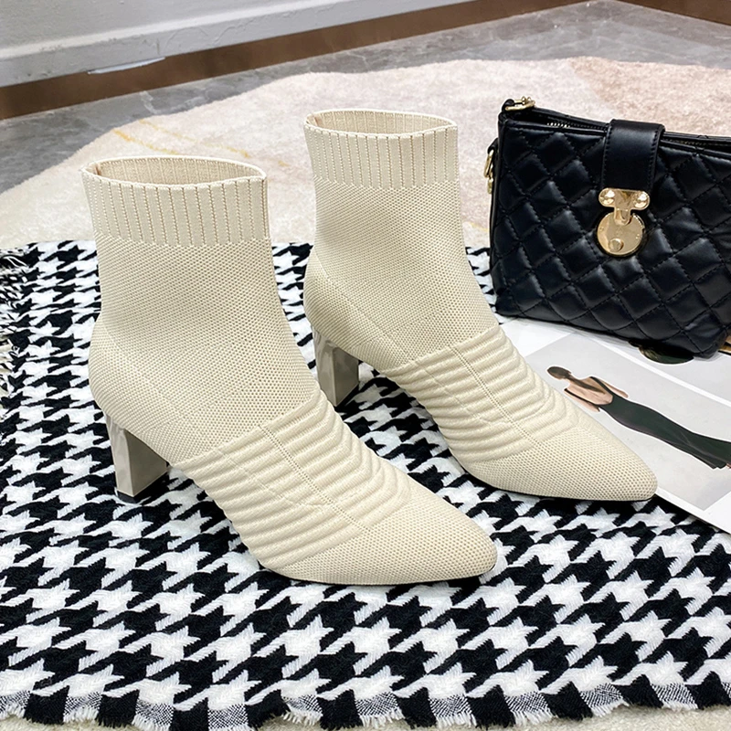 

Women Metal Blade Heels Socks Boots Female Stretch Fabric Elastic Stilettos Heel Pointed Toe Ankle Boots Shoes Woman Boats