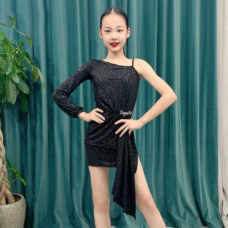 

Girls Latin Dance Dress Children Professional Oblique Shoulder Sling Latin Dance Practice Dress Latin Performance Clothes DQS644