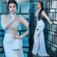 janevini 2020 sky blue sexy middle east arabic long sleeves evening dresses glitter crystals satin high neck formal party gowns
