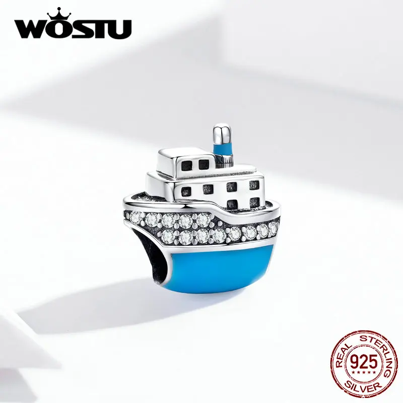 WOSTU 925 пробы Серебряный Круизный корабль голубой бисер циркония талисманы подходят браслет ожерелье Роскошные ювелирные изделия CQC1379