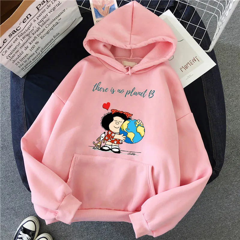 Пас Mafalda или QUIERO кафе принт Женские С капюшоном Для девочек WinterCasual Harajuku розовый