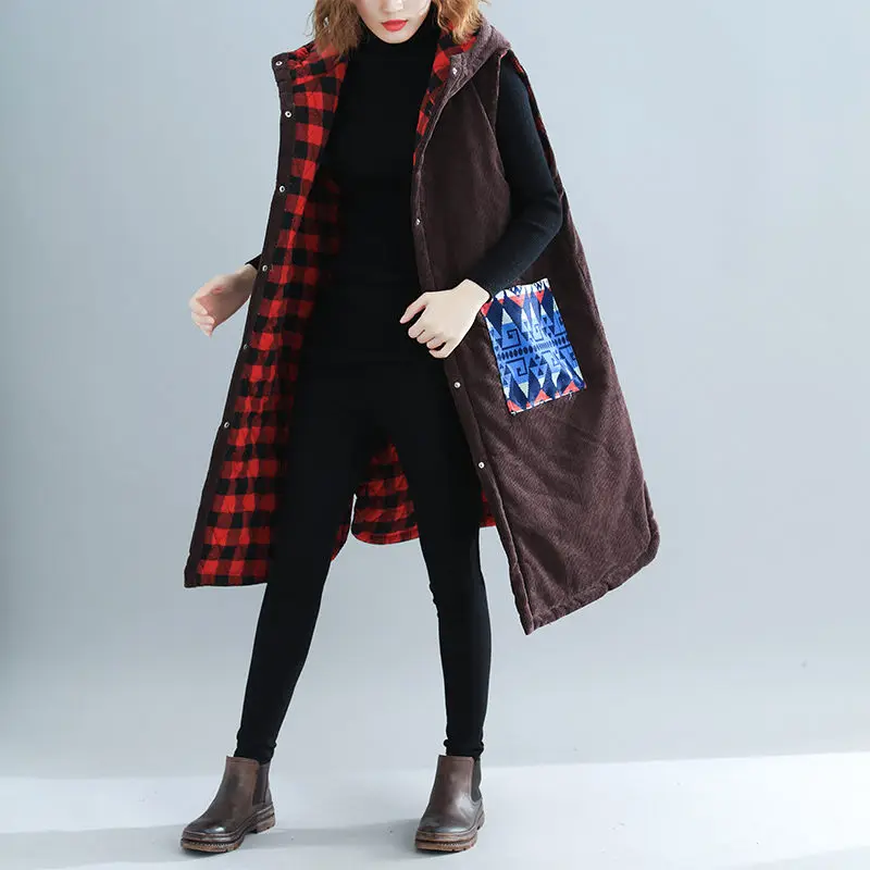 

Vintage 2019 Winter New Large Size Women's Sleeveless Corduroy Jacket Slim Loose Long Vest Cardigan Print Pockets Outwear f1721