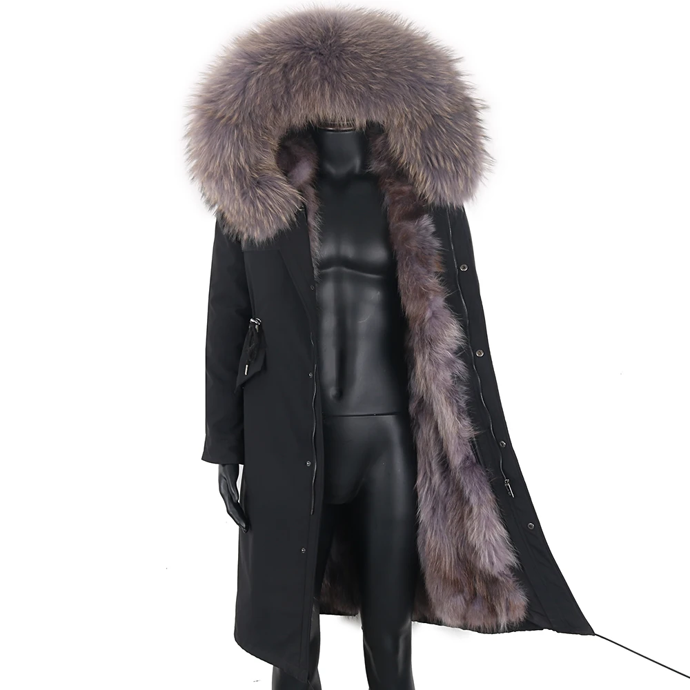 

2021 New Men Real Fur Coat Natural Real Raccoon Collar Hood Natural Fur Liner Long Male Parka Winter Jacket Streetwear Outerwear