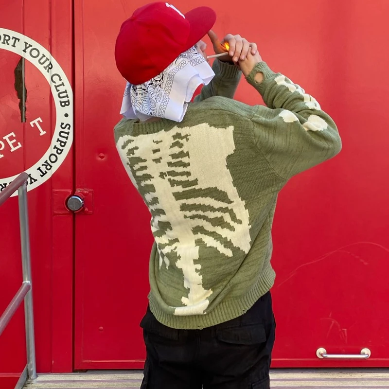 

Women Men Unisex Skeleton Print Oversized Sweater Casual Knitted Pullovers Halloween Gothic Knitwear Hip Hop BF Streetwear