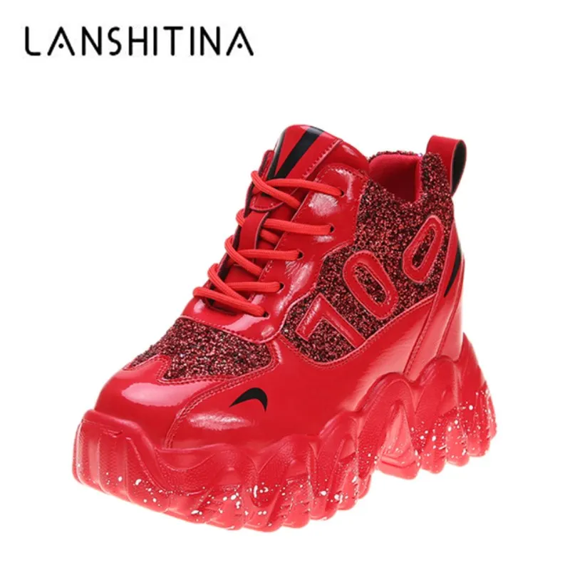 Women Platform Sneakers 2020 Spring Casual Shoes 9.5CM Heels Red Vulcanized Designer Bling Chunky Dad | Обувь