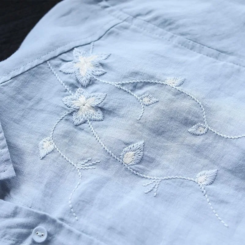 

Women Cotton Linen Casual Shirts New 2021 Spring Simple Style Vintage Floral Embroidery Loose Female Long Sleeve Tops S3612