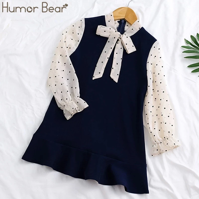 

Humor Bear Girls Dresses Spring Autumn Kids Clothes Girls Stitching Princess Dress Children Clothing Fake 2PCS Birthday Dress