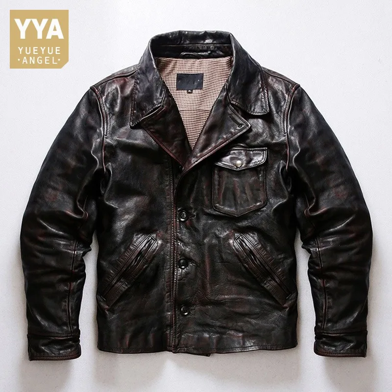 

Мужская винтажная мотоциклетная куртка, черная однобортная куртка из натуральной кожи, приталенный силуэт, повседневная верхняя одежда, 2019