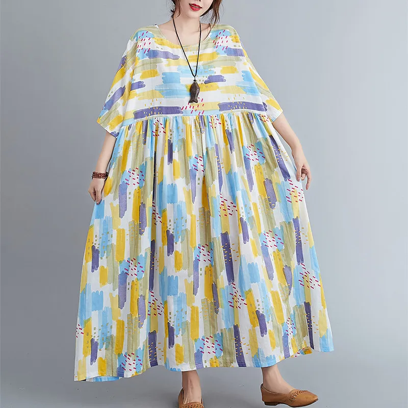 Женское винтажное платье с круглым вырезом коротким рукавом и принтом из хлопка