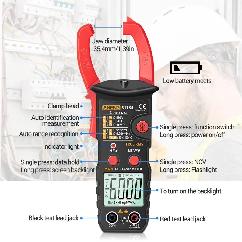 

ST184 6000 Counts Digital Multimeter Clamp Meter True RMS AC/DC Voltage Ohm Hz E7CB