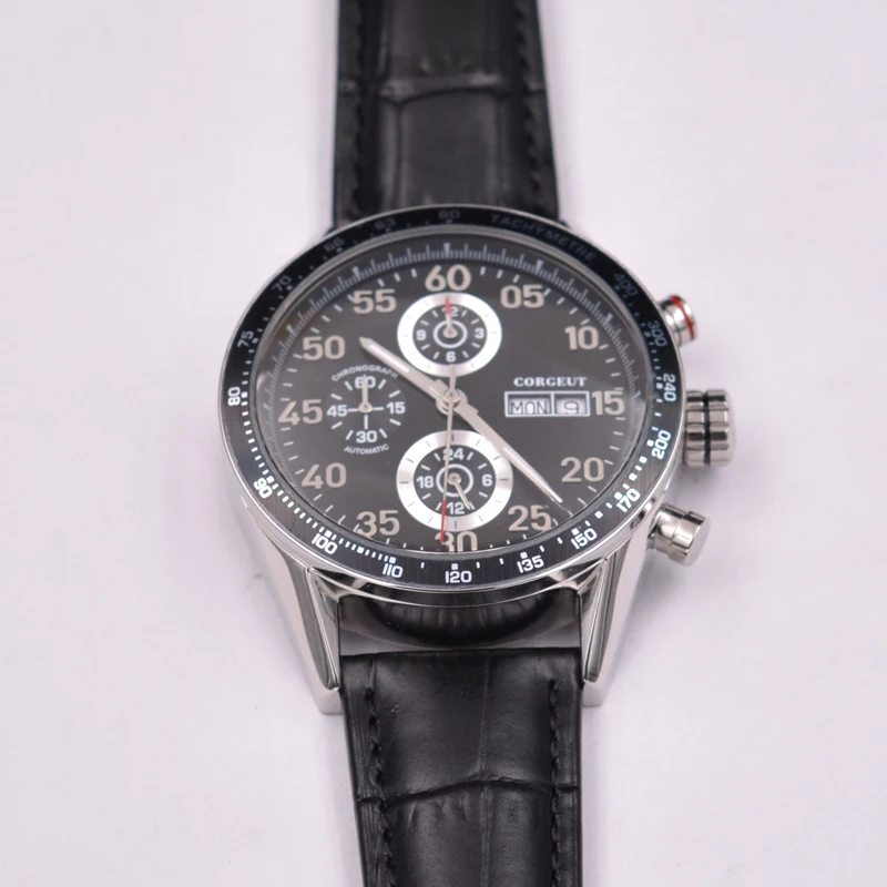 Corgeut 44 мм Многофункциональный дисплей автоматические мужские часы кожаный
