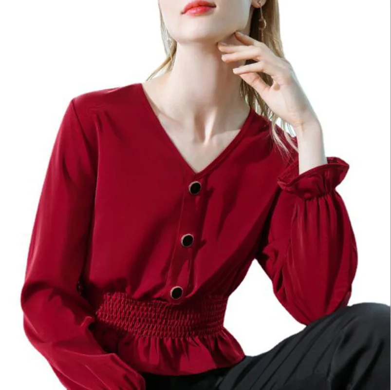

Cultiseed Women V Neck Single Breasted Flare Sleeve Chiffon T-Shirts Tops Female New Fashion Sweet Elegant Slim Waist Casual Tee