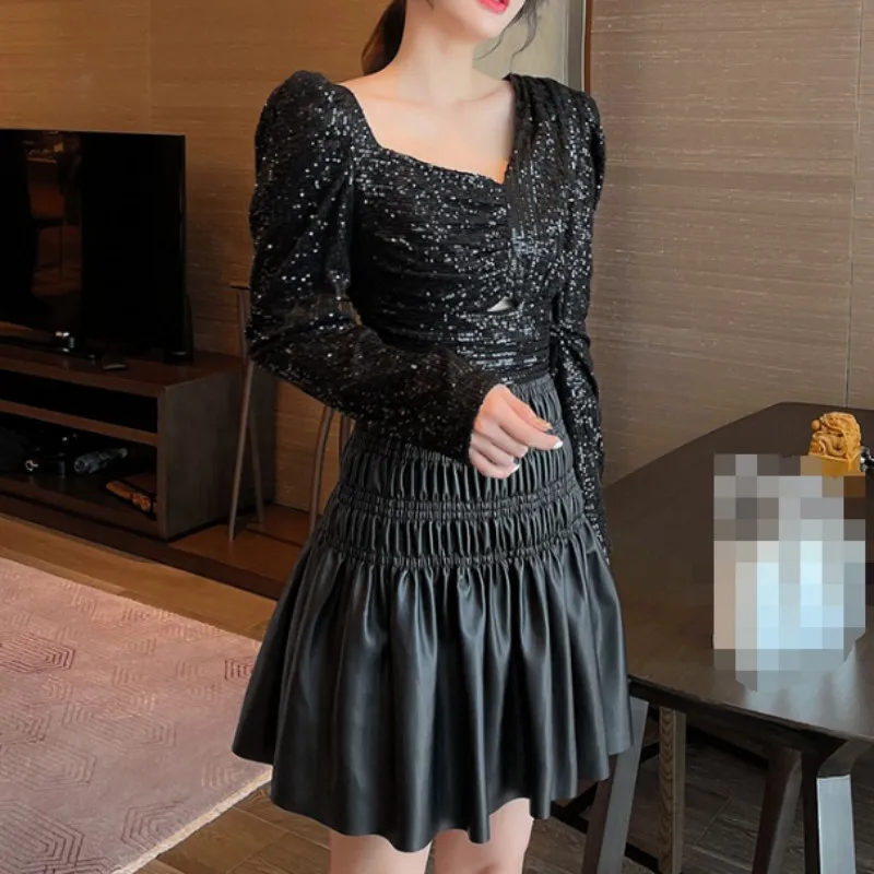 

Asymmetry Collar Sequins Black Dress Office Lady Spliced Pu Pleated Slim A-Line Skirt Spring Autumn Women Puff-Sleeve Sexy Dress